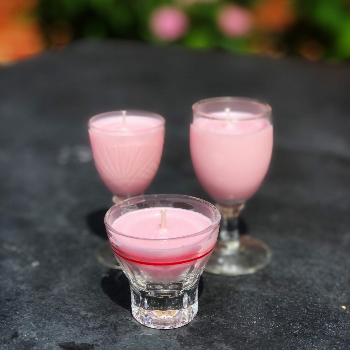 Blissful rose pink candles in vintage sherry glasses at Henley Circle Online Shop