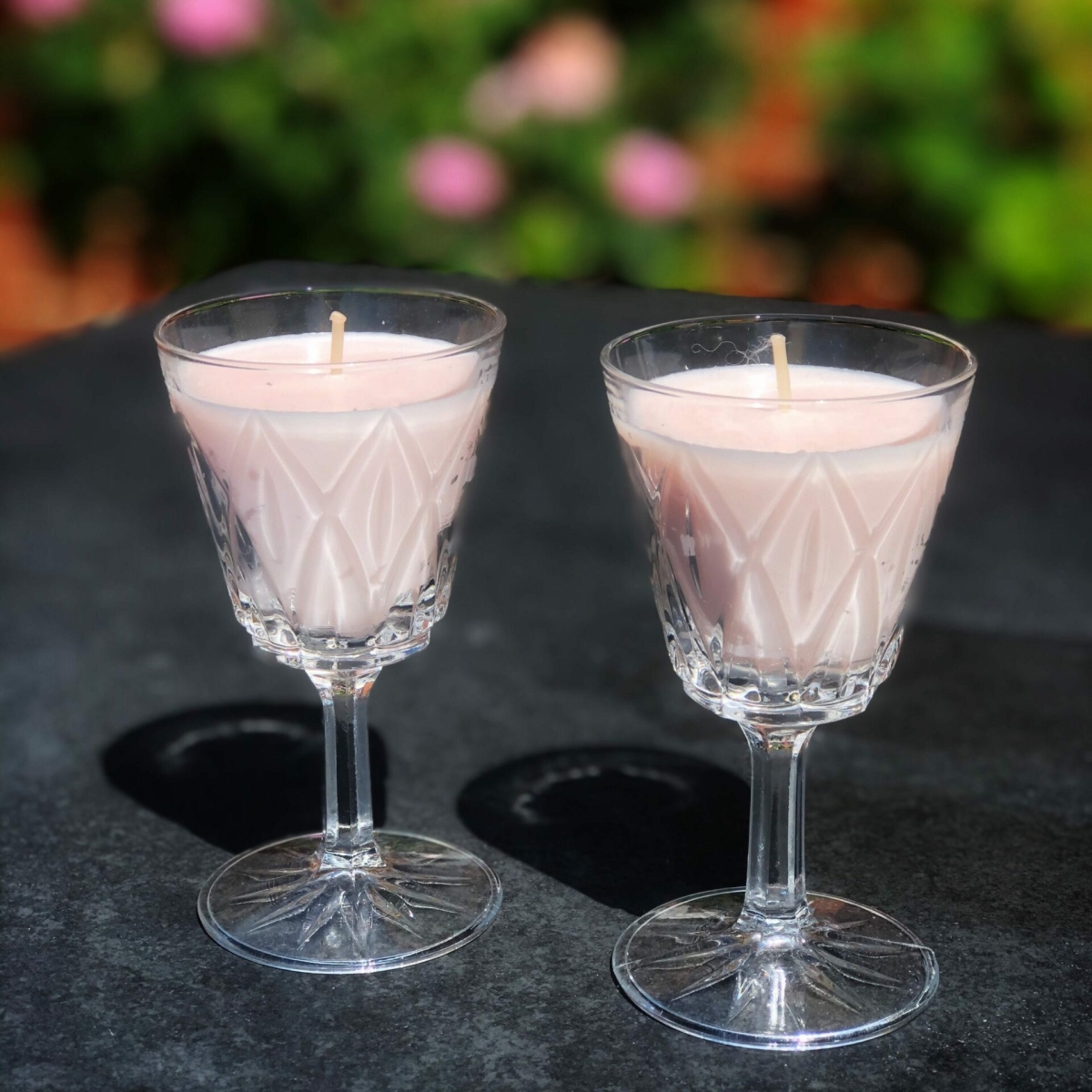 Heavenly blush pink candles in vintage wine glasses at Henley Circle Online Shop