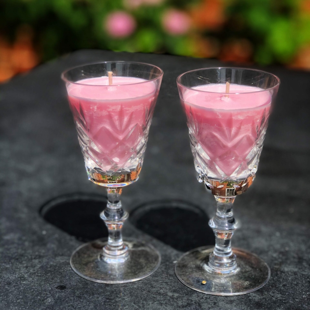 Blissful rose pink candles in vintage sherry glasses at Henley Circle Online Shop