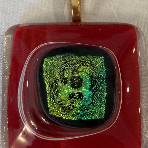 Unique Iridescent Green and Red Glass Pendant at Henley Circle Online Shop